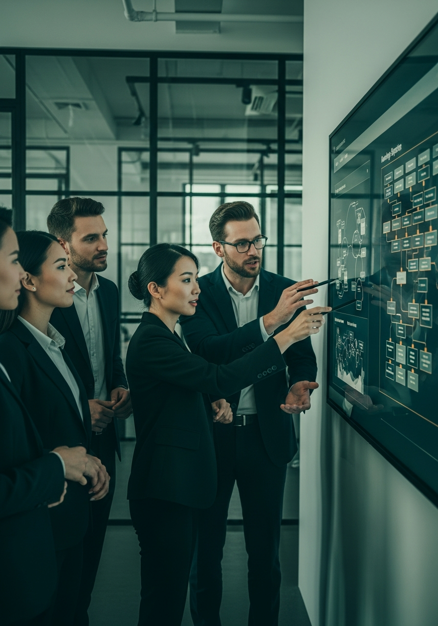 Team arbeitet gemeinsam an einer digitalen Wissensstruktur am Bildschirm