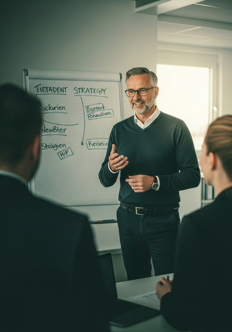 Geschäftsführer im Gespräch mit Mitarbeitenden vor einem Whiteboard