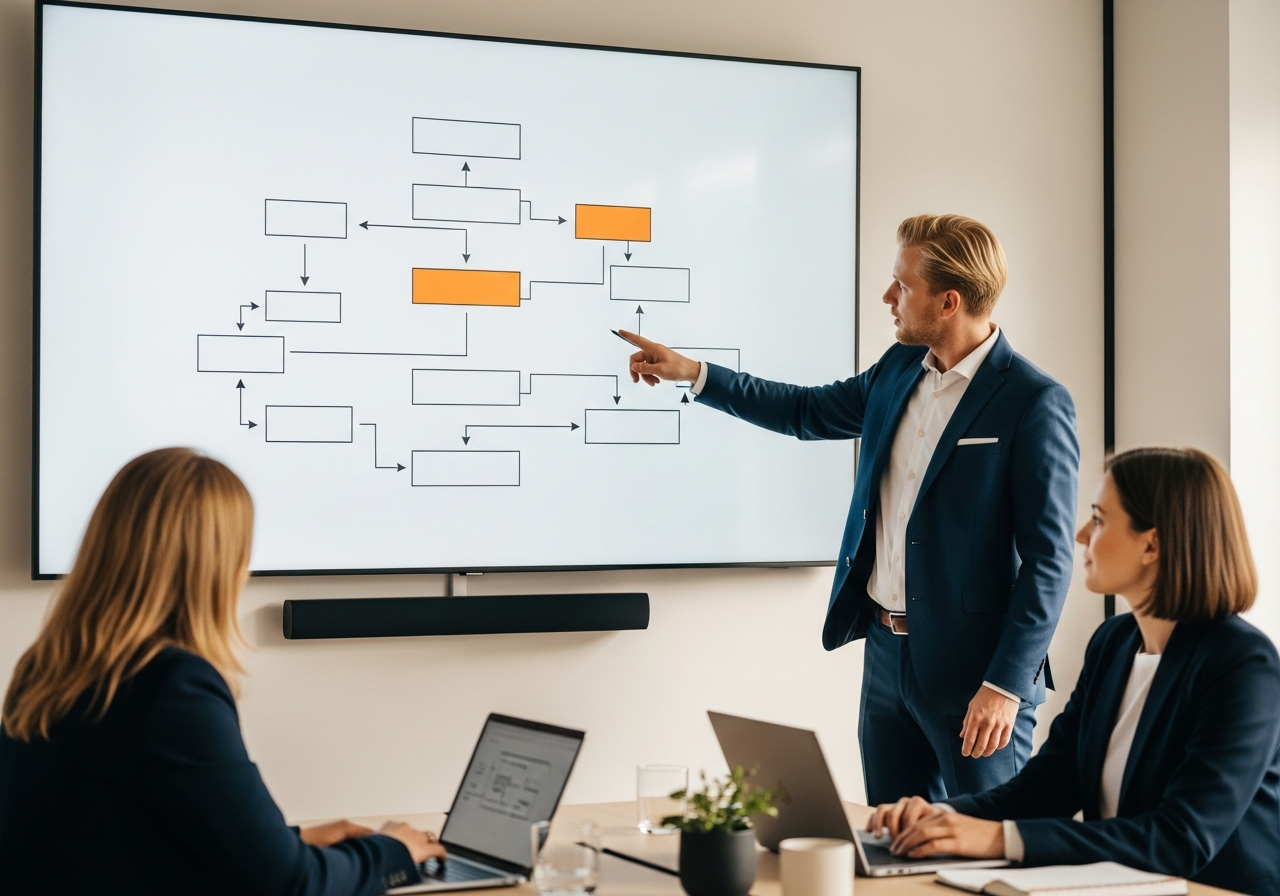 Team bespricht einen automatisierten Prozessablauf am Bildschirm